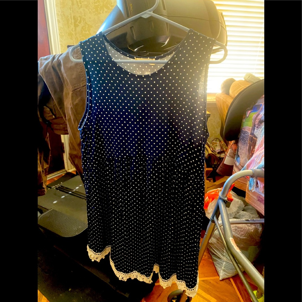 Blue and white Polk a dot with lace trim tank top